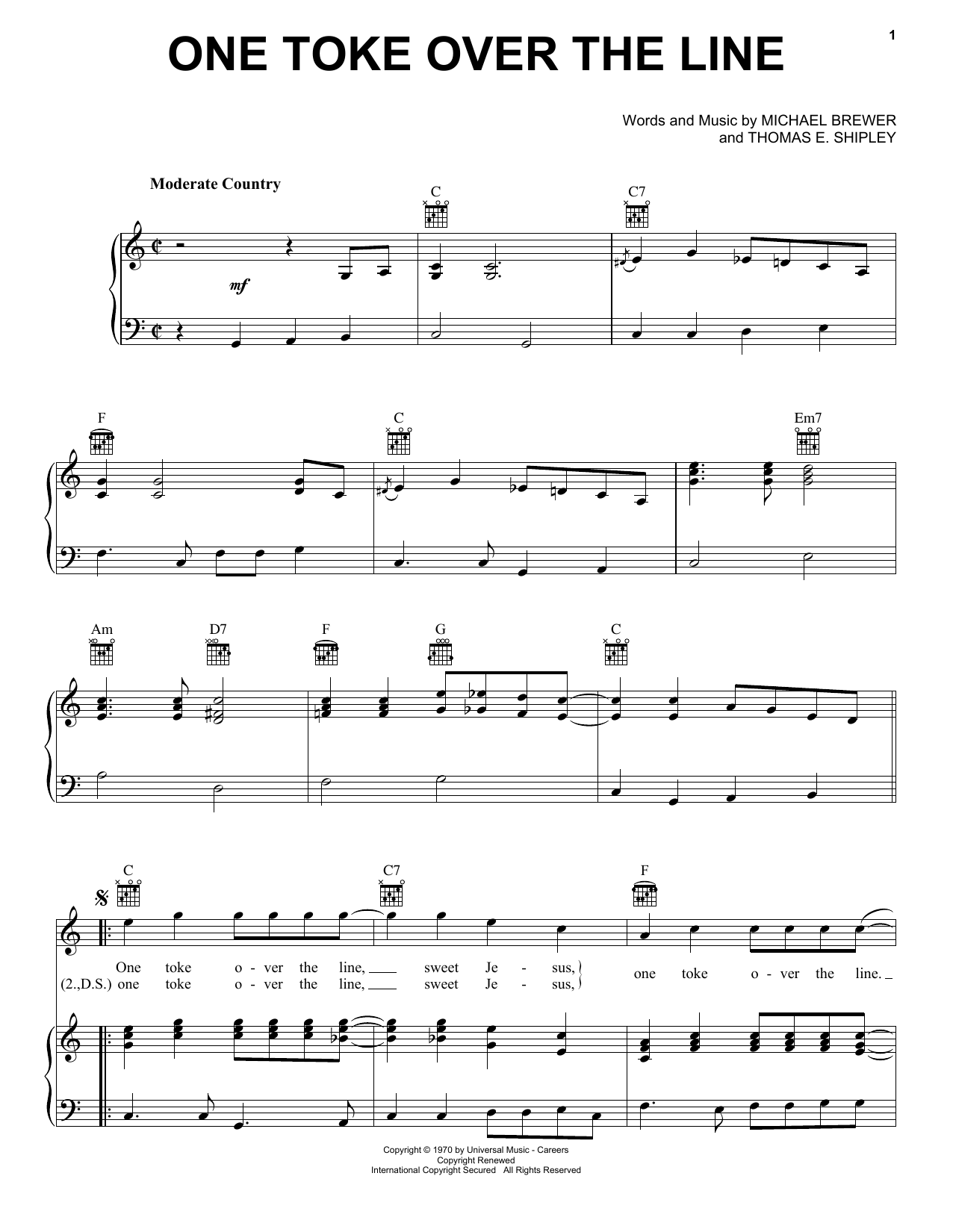 Brewer & Shipley One Toke Over The Line sheet music notes printable PDF score