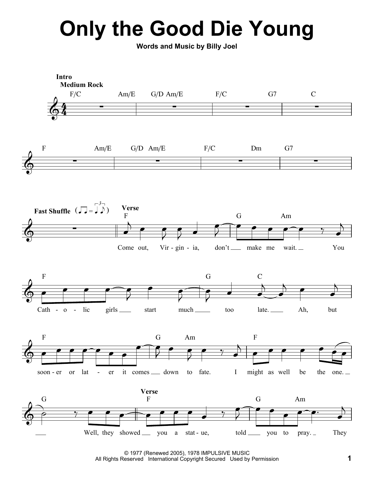 Download Billy Joel Only The Good Die Young Sheet Music