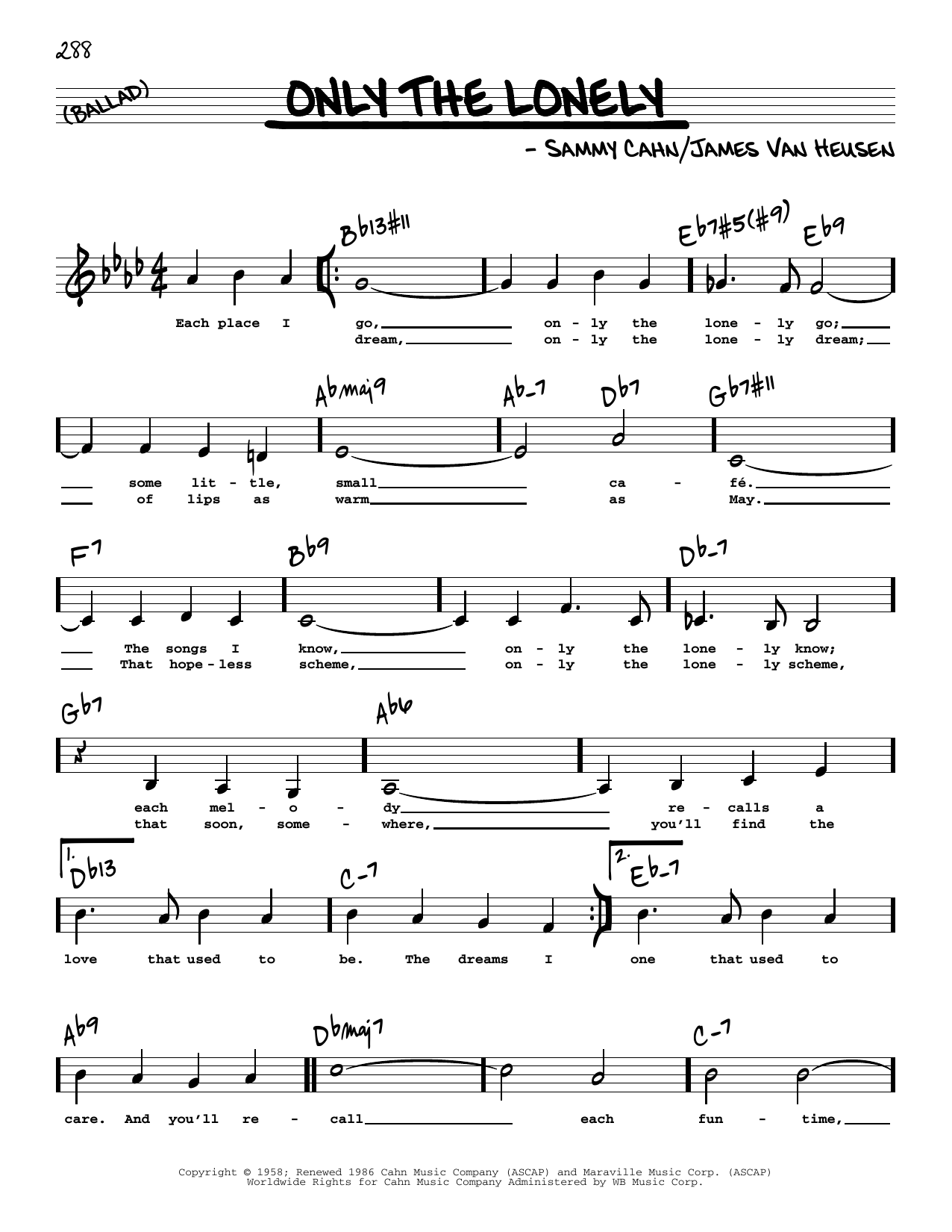 James Van Heusen Only The Lonely (Low Voice) sheet music notes printable PDF score