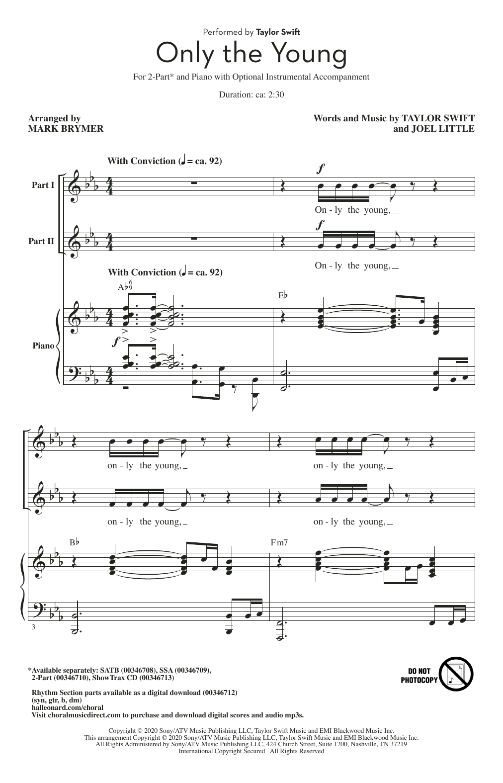 Download Taylor Swift Only The Young (arr. Mark Brymer) Sheet Music