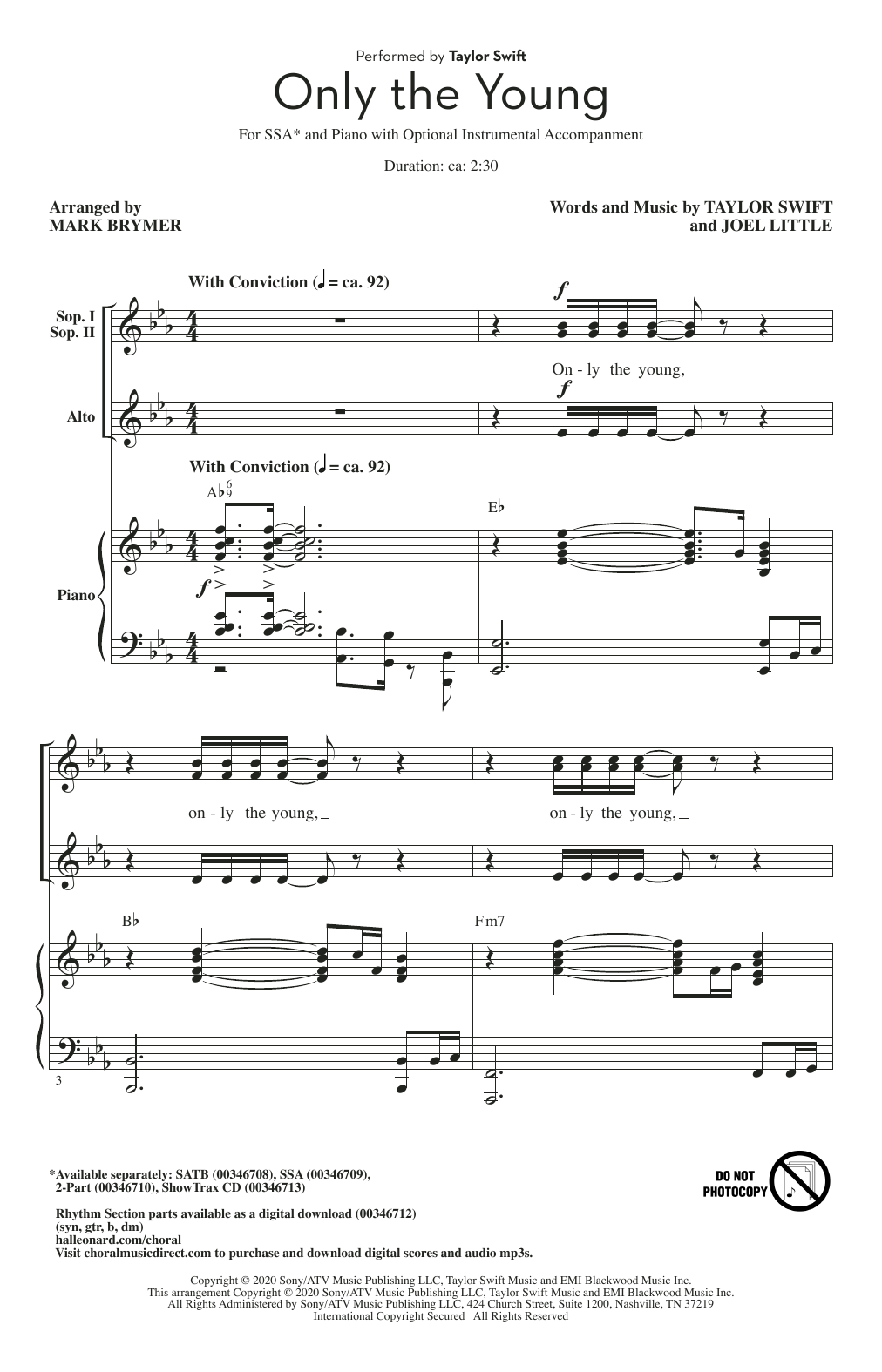 Download Taylor Swift Only The Young (arr. Mark Brymer) Sheet Music