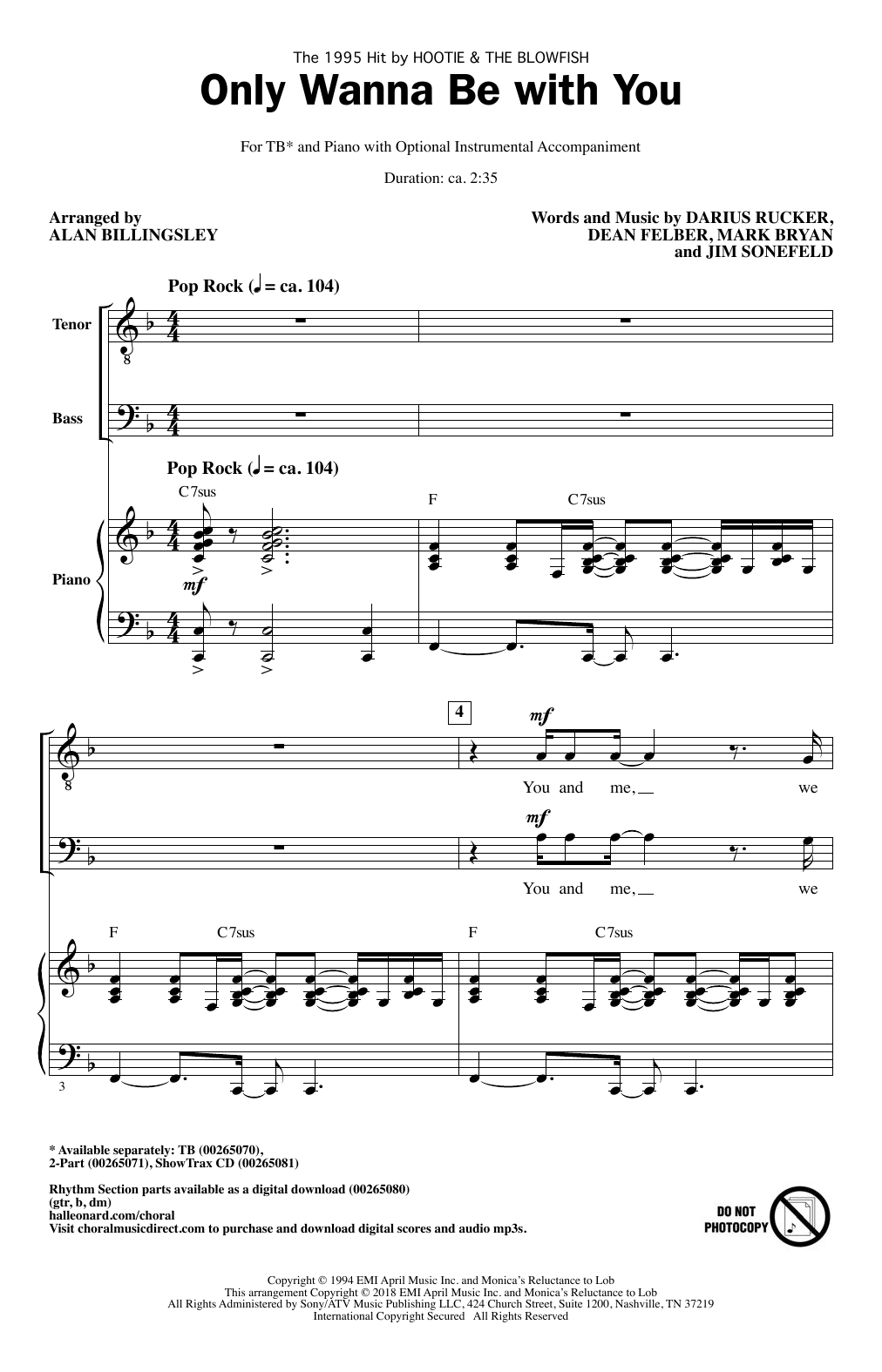 Download Hootie & The Blowfish Only Wanna Be With You (arr. Alan Billi Sheet Music