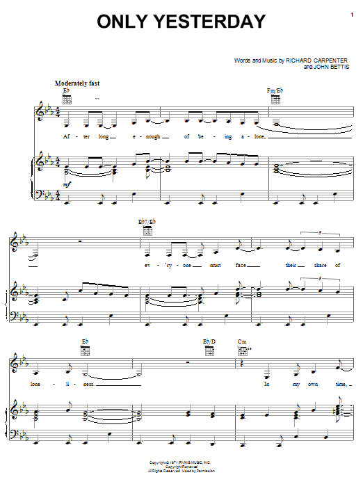 Download Carpenters Only Yesterday Sheet Music