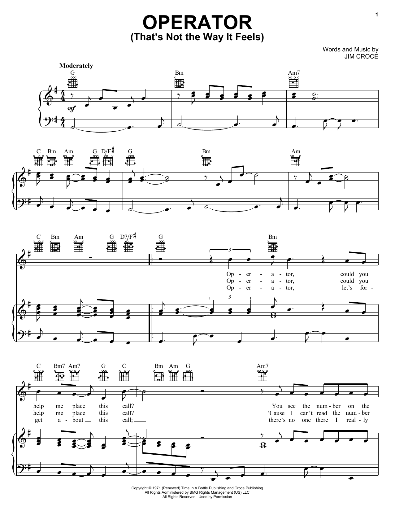 Download Jim Croce Operator (That's Not The Way It Feels) Sheet Music