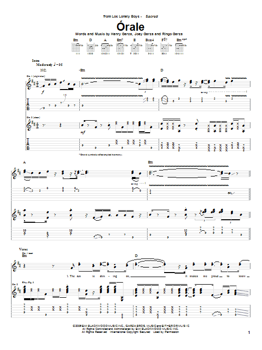 Download Los Lonely Boys Orale Sheet Music