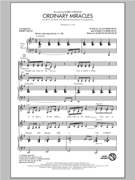 Download Marvin Hamlisch Ordinary Miracles (arr. Kirby Shaw) Sheet Music