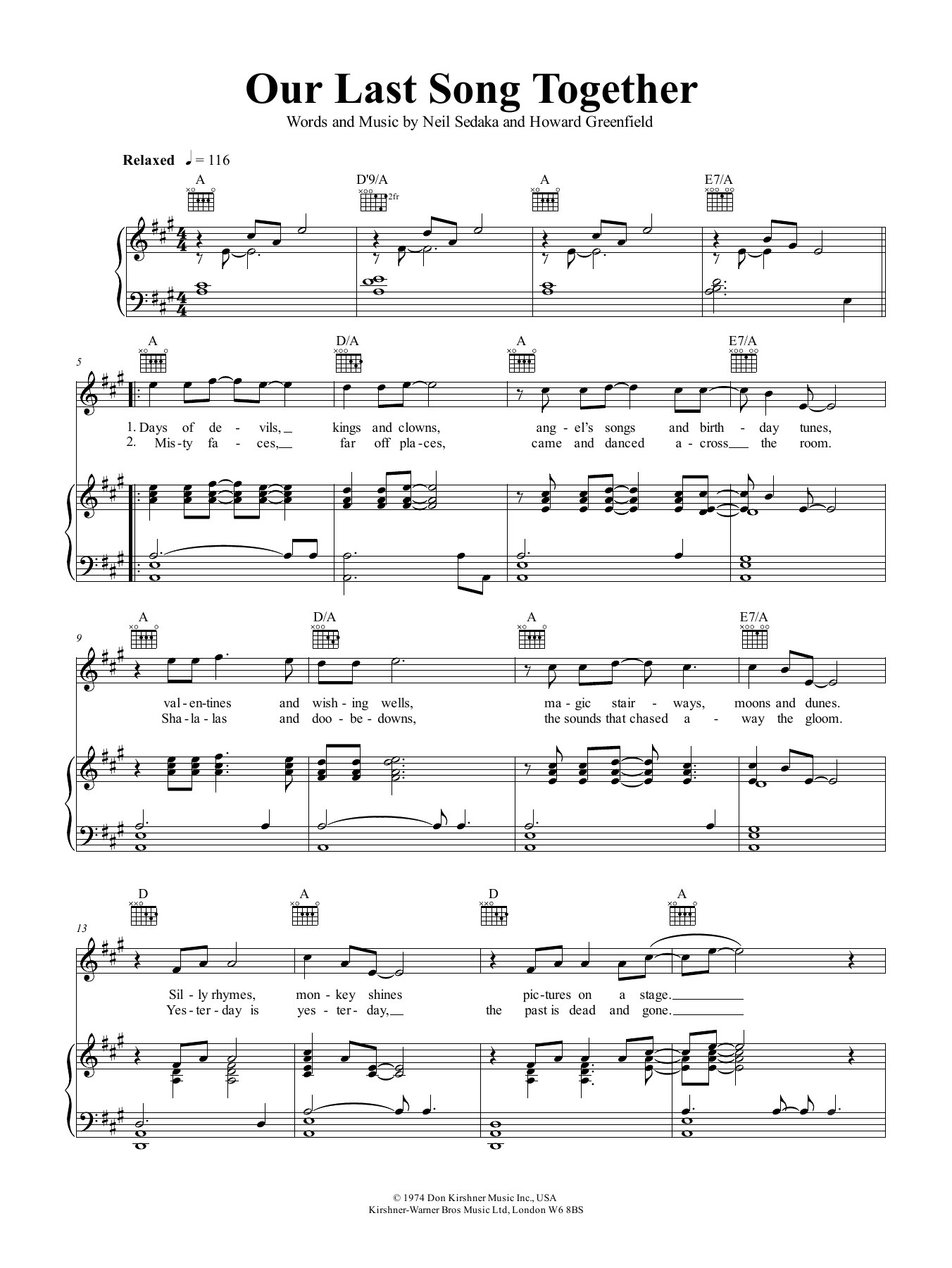 Download Neil Sedaka Our Last Song Together Sheet Music