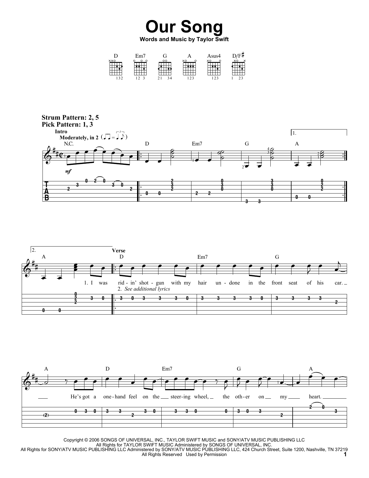 Download Taylor Swift Our Song Sheet Music