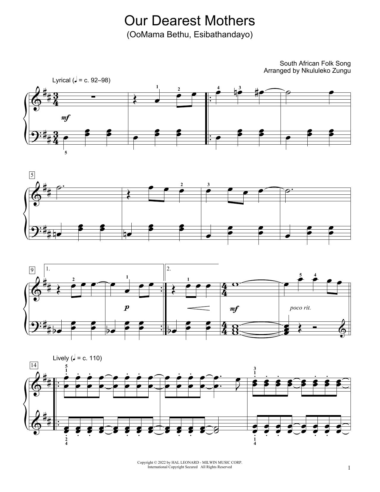 Download South African folk song Our Dearest Mothers (Oomama Bethu Esiba Sheet Music