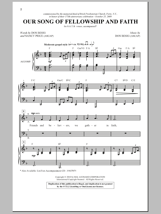 Download Don Besig Our Song Of Fellowship And Faith Sheet Music