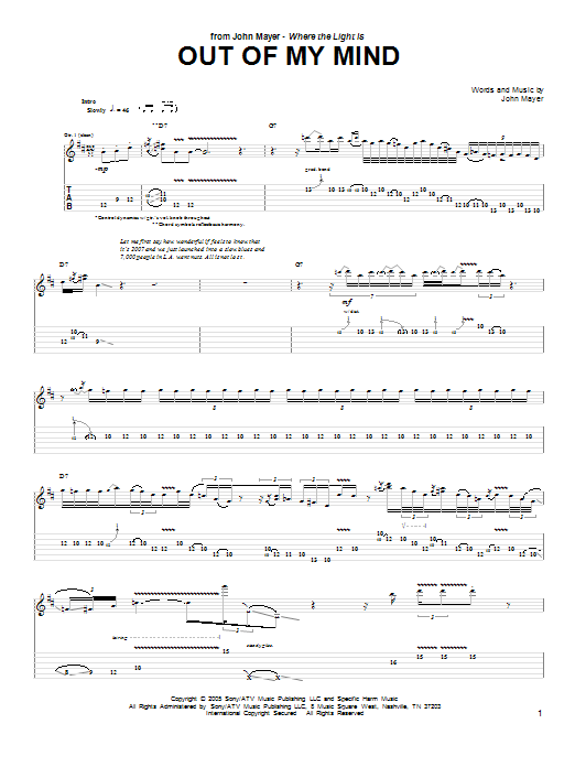 Download John Mayer Out Of My Mind Sheet Music