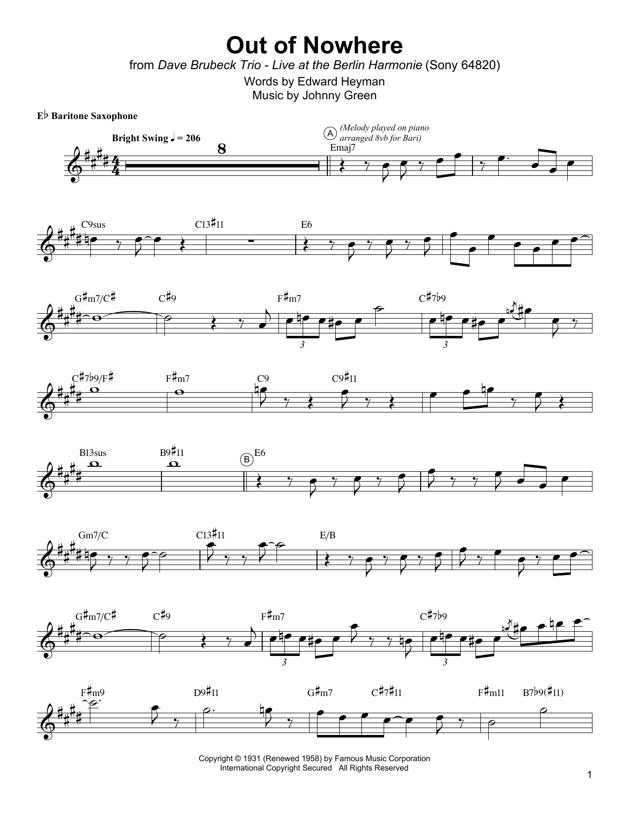 Download Gerry Mulligan Out Of Nowhere Sheet Music