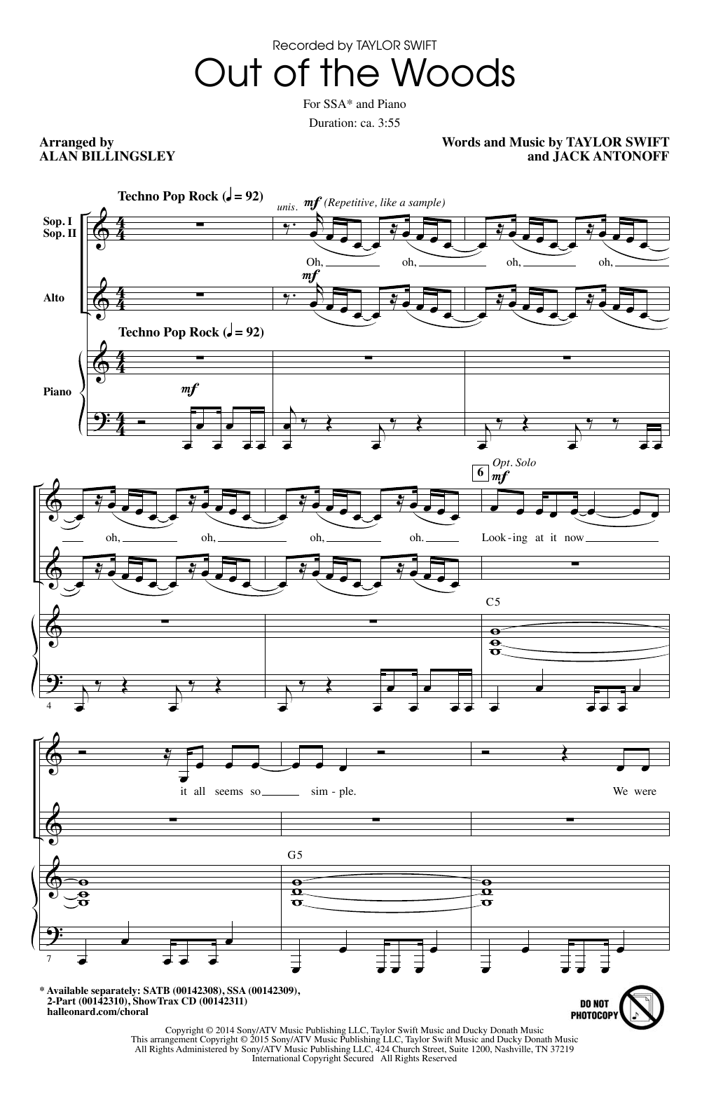 Download Taylor Swift Out Of The Woods (arr. Alan Billingsley Sheet Music