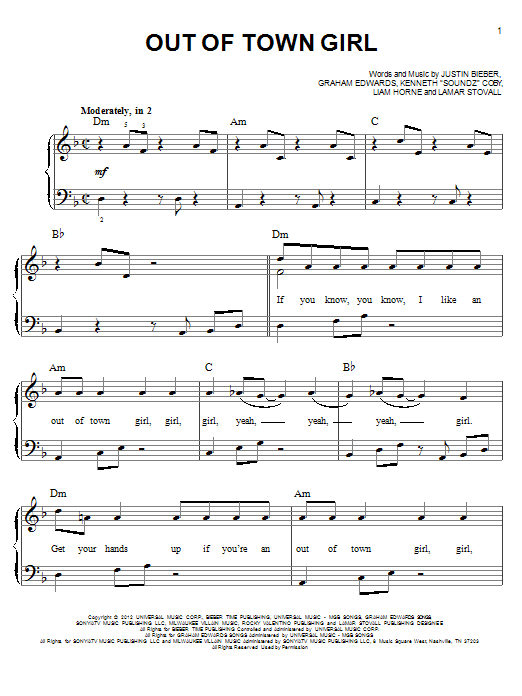 Download Justin Bieber Out Of Town Girl Sheet Music