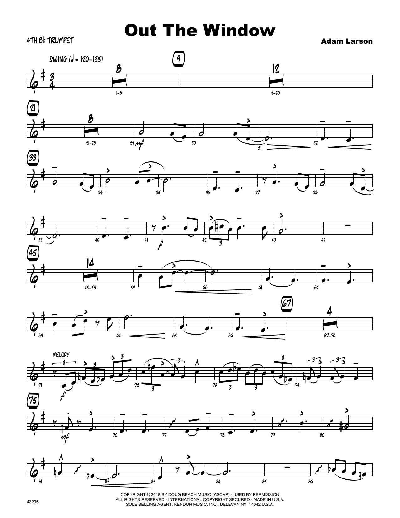 Download Adam Larson Out The Window - 4th Bb Trumpet Sheet Music