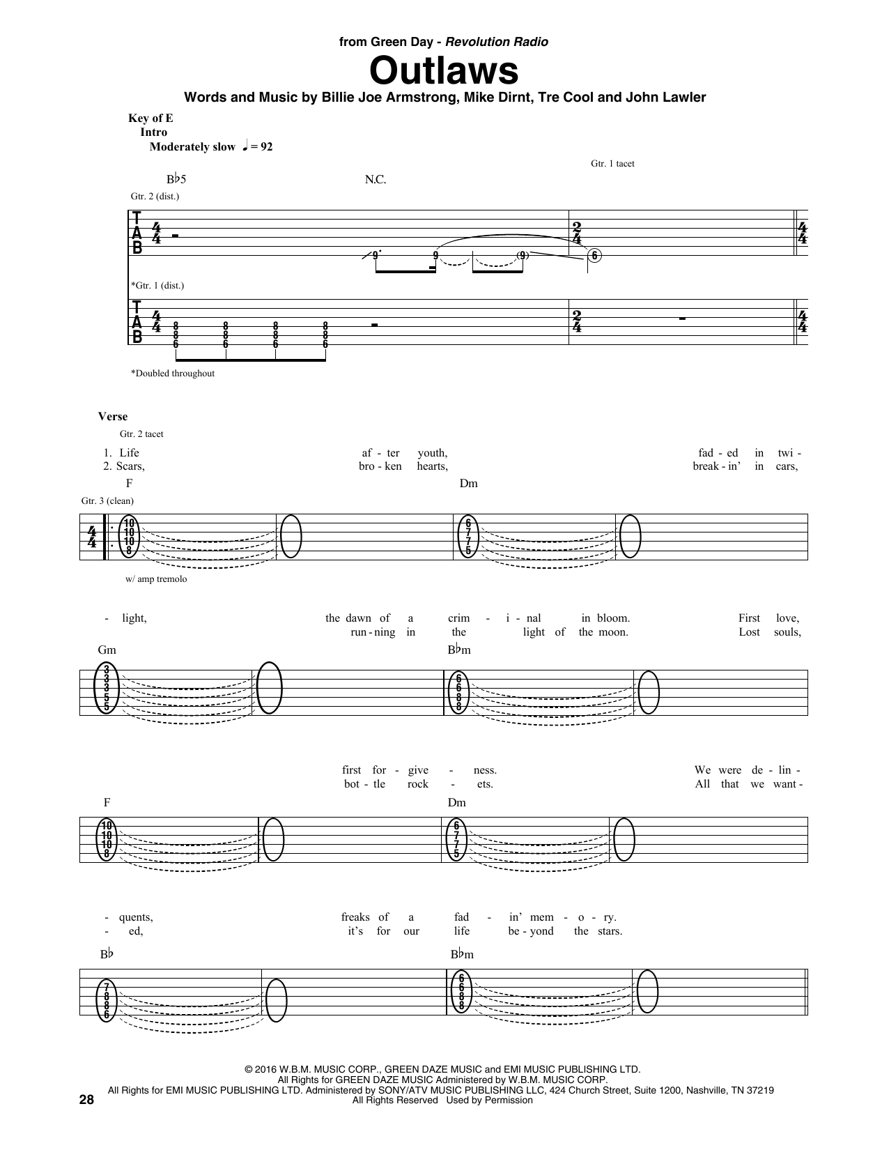 Download Green Day Outlaws Sheet Music