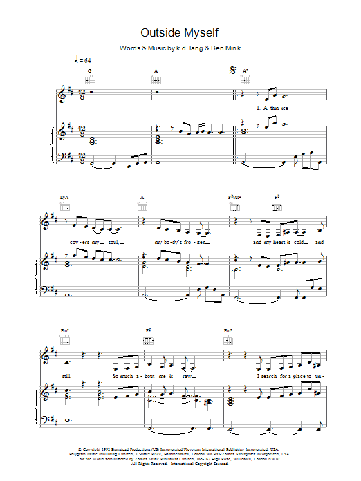 k.d. lang Outside Myself sheet music notes printable PDF score