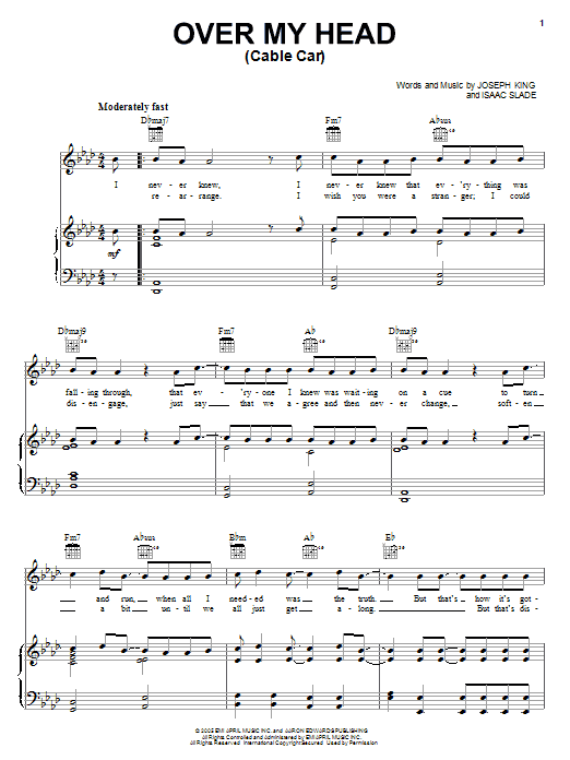 Download The Fray Over My Head (Cable Car) Sheet Music