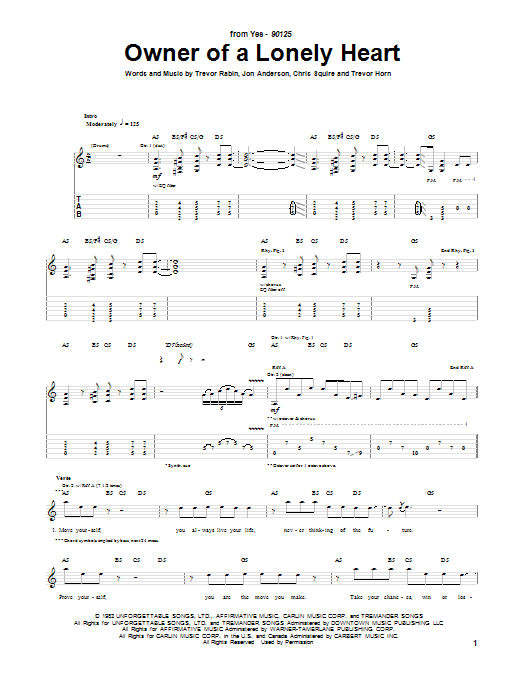 Download Yes Owner Of A Lonely Heart Sheet Music