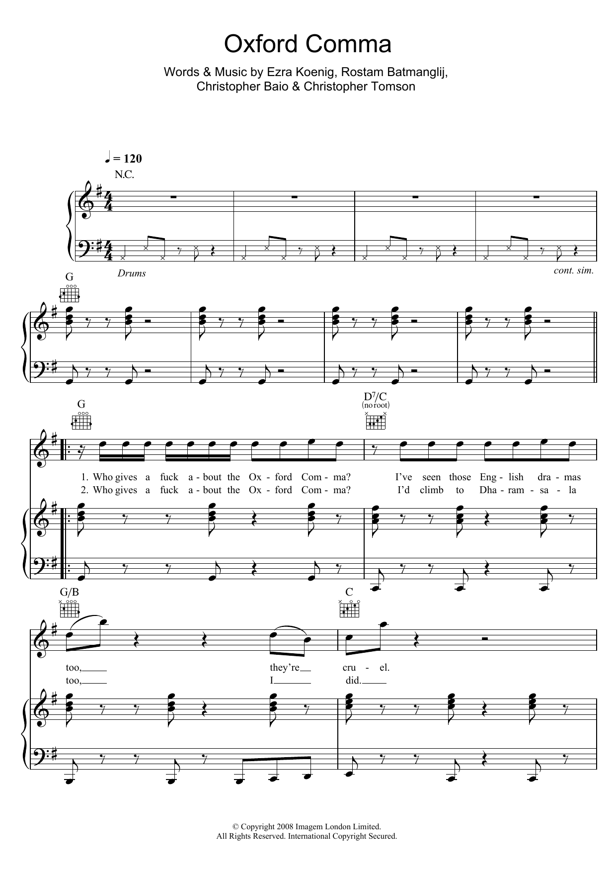 Download Vampire Weekend Oxford Comma Sheet Music