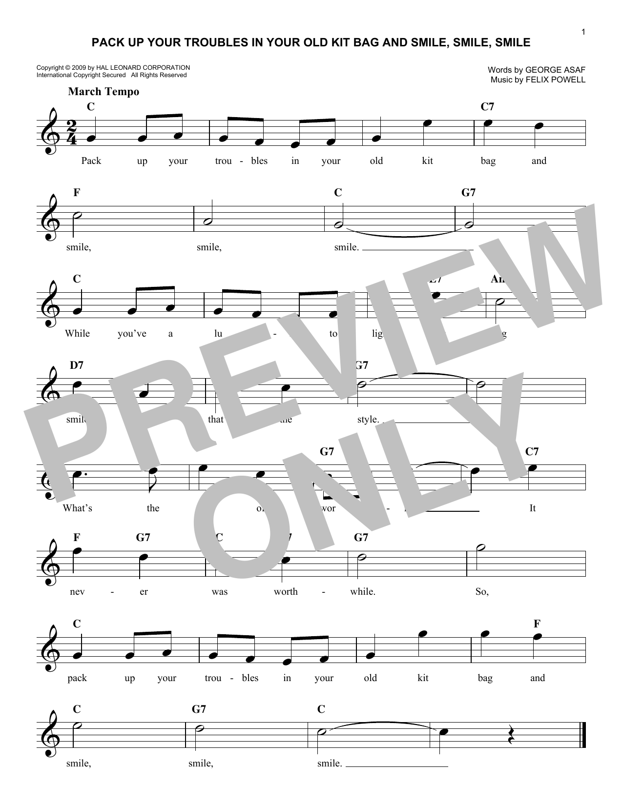 Felix Powell Pack Up Your Troubles In Your Old Kit Bag And Smile, Smile, Smile sheet music notes printable PDF score