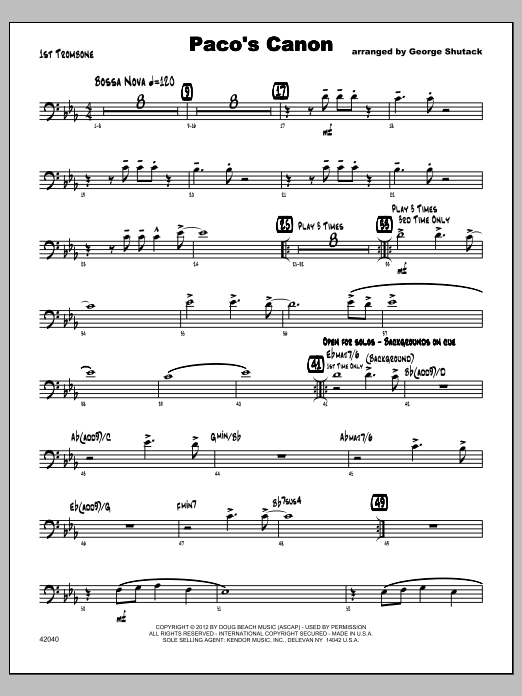 Download Shutack Paco's Canon - Trombone 1 Sheet Music