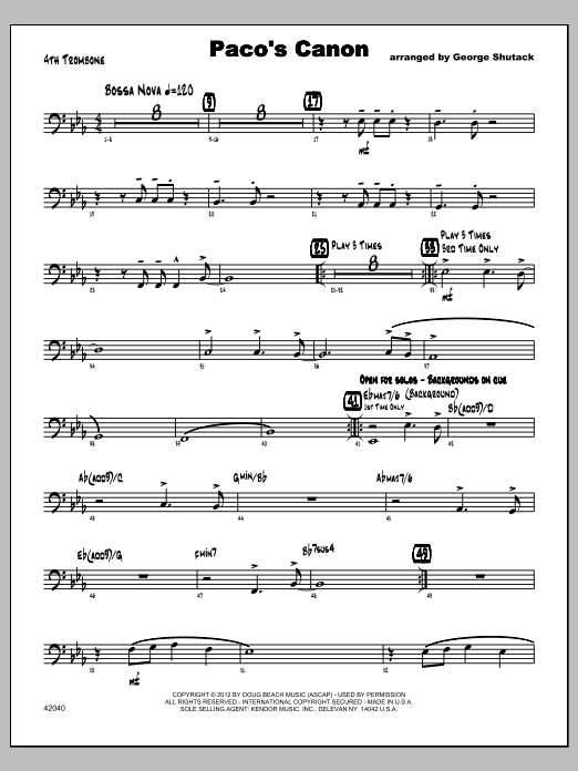 Download Shutack Paco's Canon - Trombone 4 Sheet Music