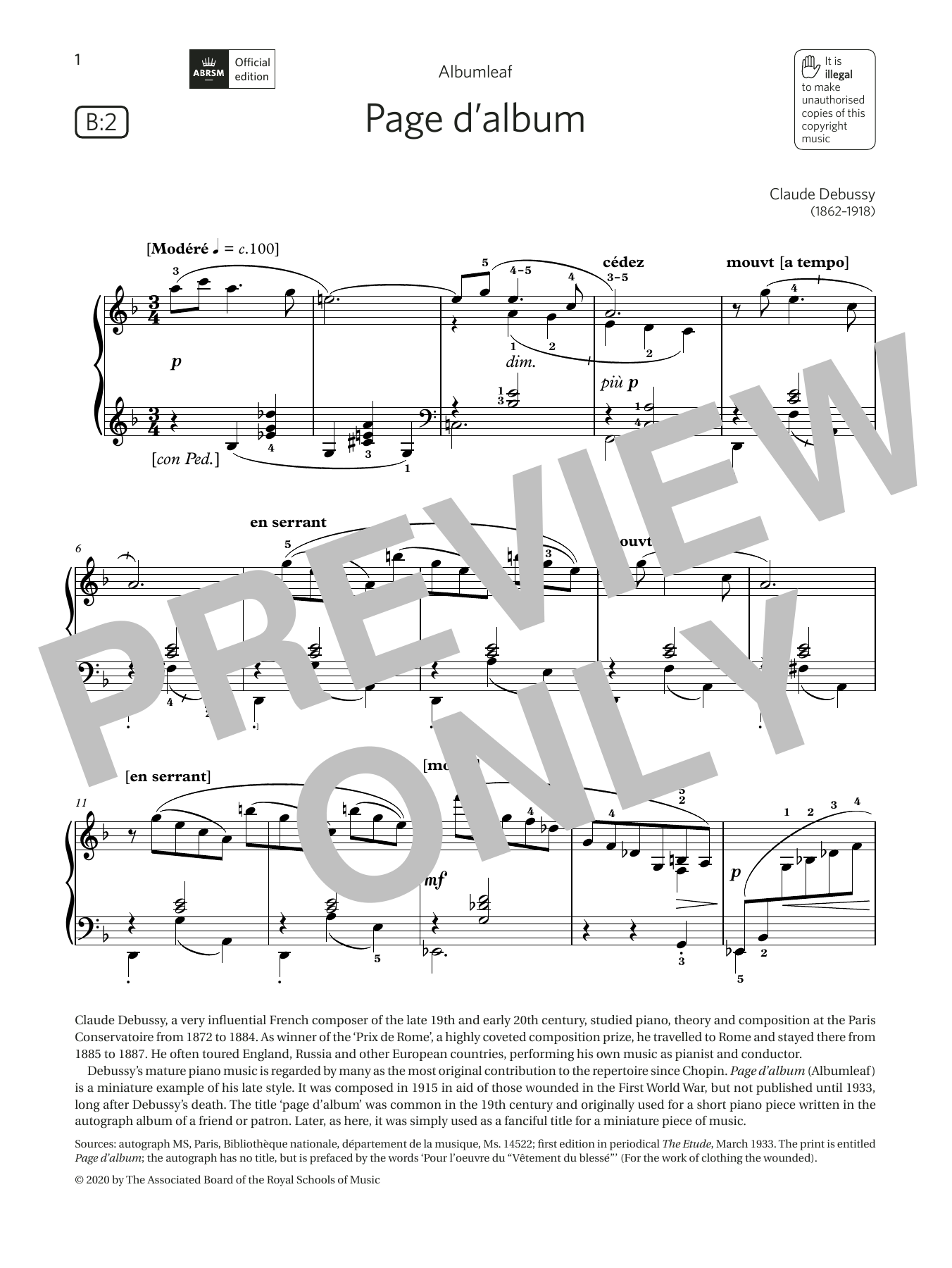 Download Claude Debussy Page d'album (Grade 6, list B2, from th Sheet Music