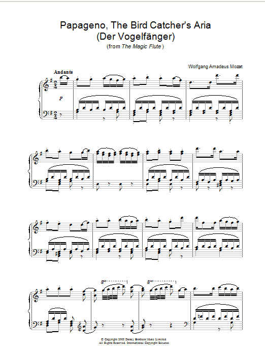 Download Wolfgang Amadeus Mozart Papageno, The Bird Catcher's Aria (Der Sheet Music