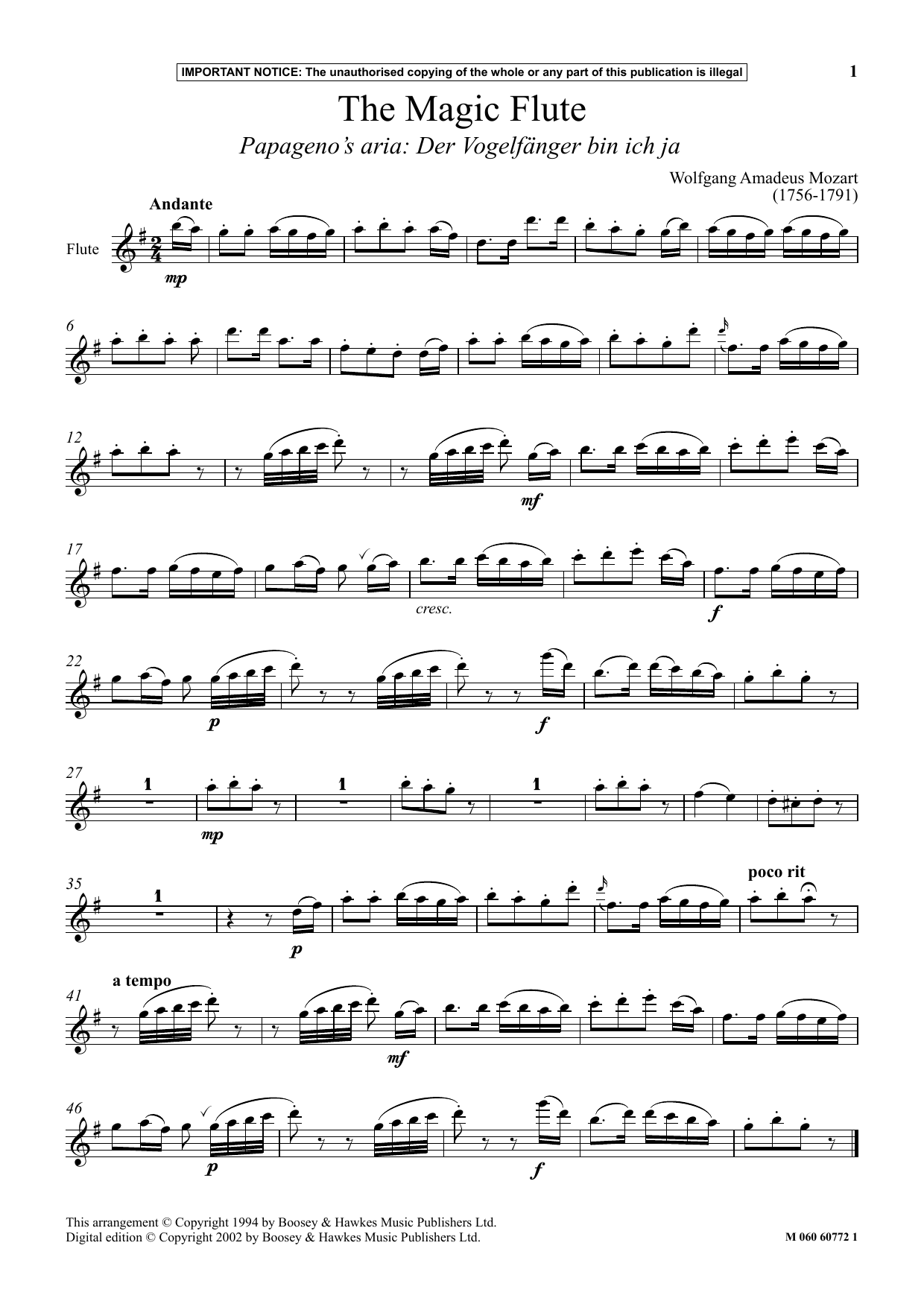 Download Wolfgang Amadeus Mozart Papageno's Aria: Der Vogelfanger Bin Ic Sheet Music