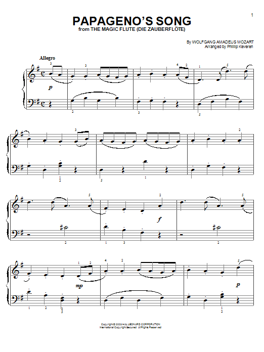 Download Wolfgang Amadeus Mozart Papageno's Song Sheet Music