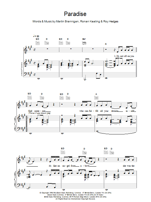 Boyzone Paradise sheet music notes printable PDF score