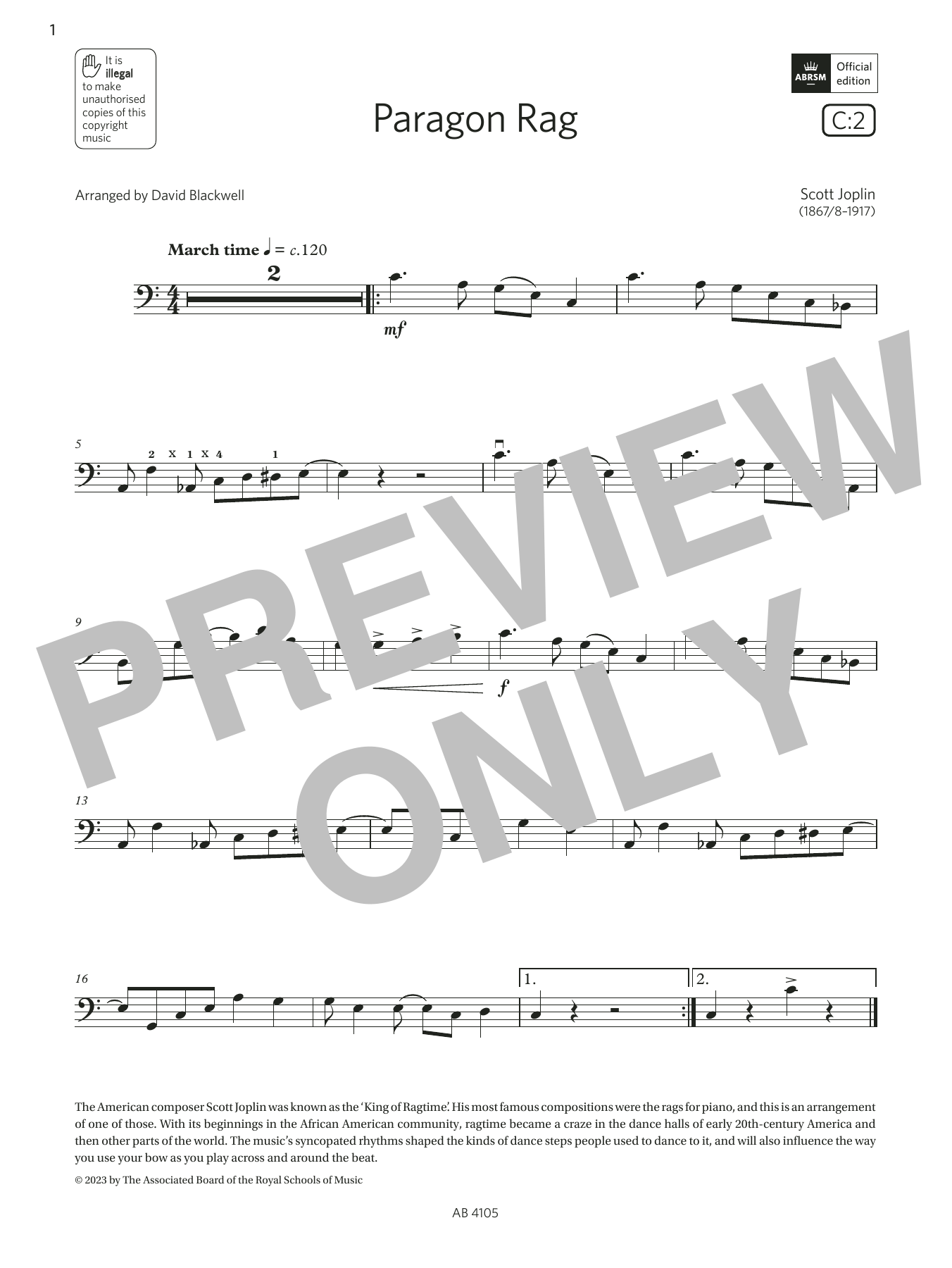 Download Scott Joplin Paragon Rag (Grade 2, C2, from the ABRS Sheet Music