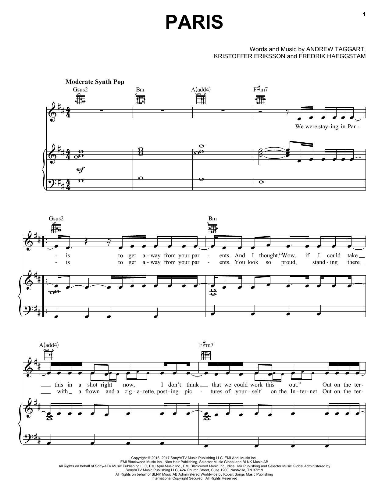 Download The Chainsmokers Paris Sheet Music