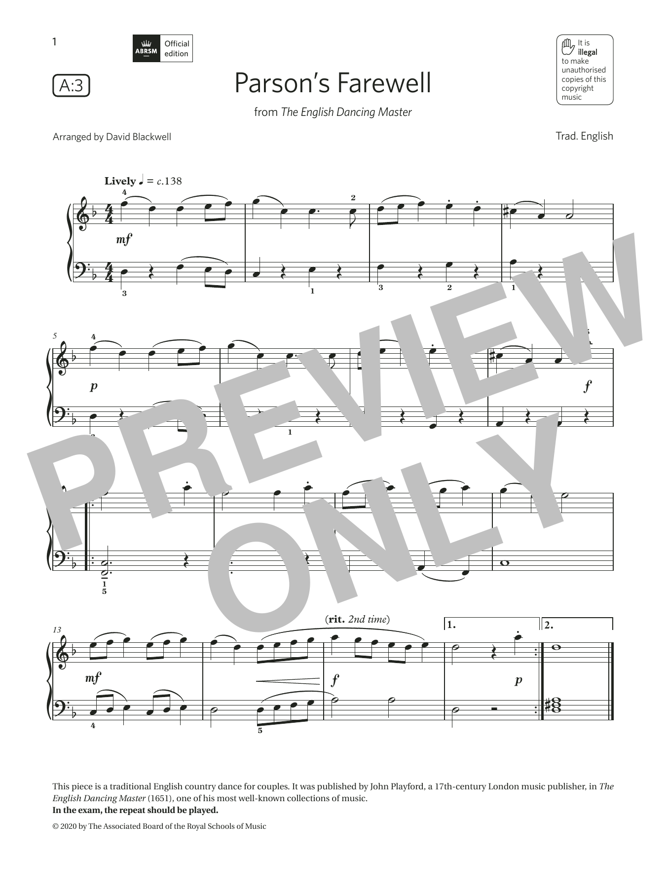 Download Trad. English Parson's Farewell (Grade 1, list A3, fr Sheet Music