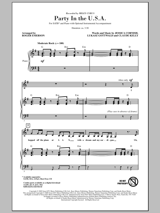 Download Miley Cyrus Party In The USA (arr. Roger Emerson) Sheet Music
