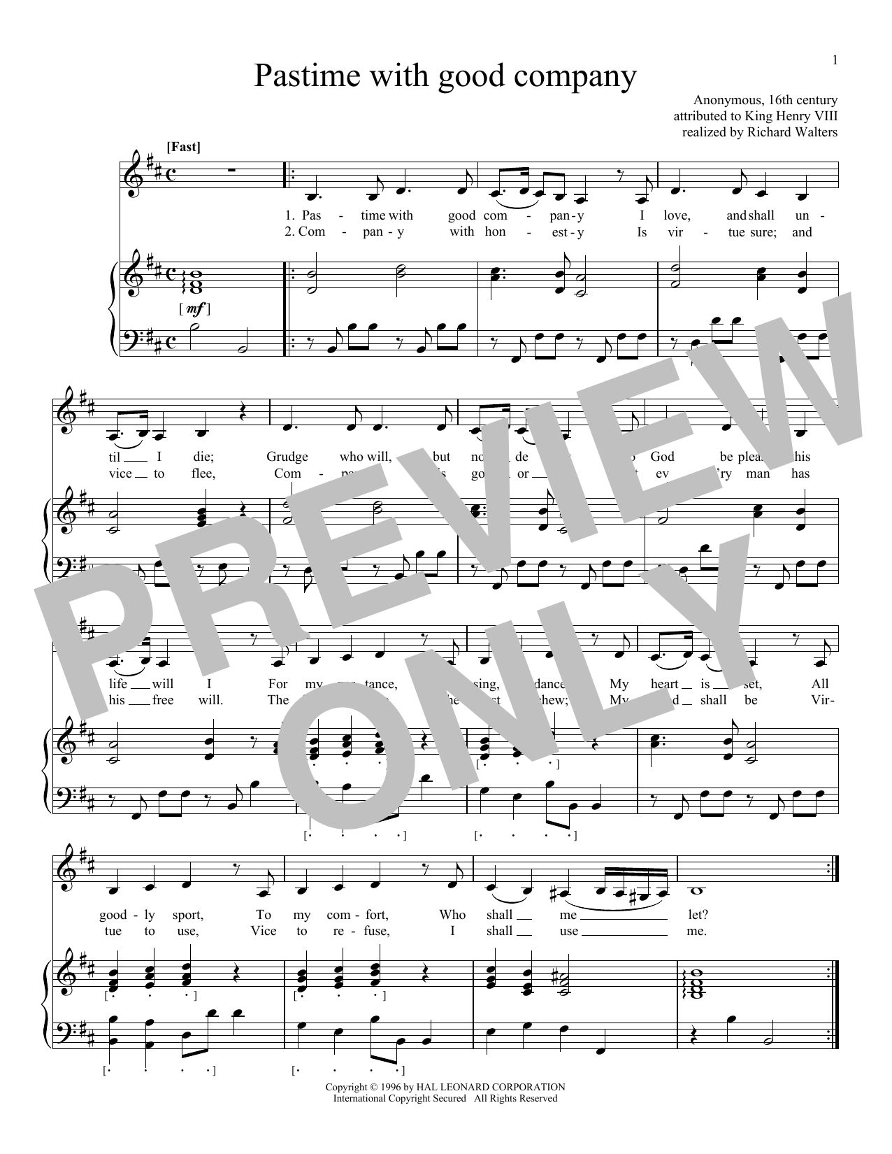 Download King Henry VIII Pastime With Good Company Sheet Music
