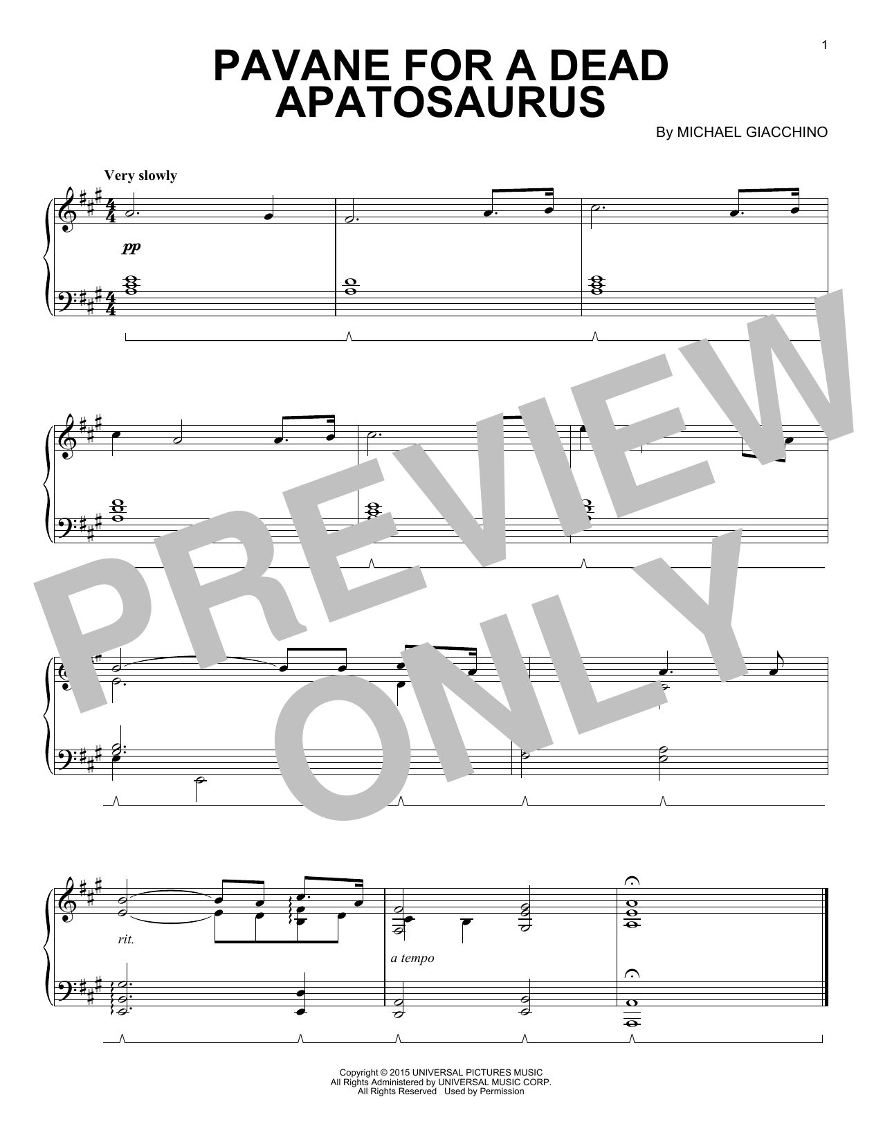Download Michael Giacchino Pavane For A Dead Apatosaurus Sheet Music