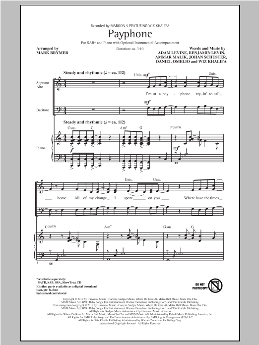 Download Maroon 5 Payphone (arr. Mark Brymer) Sheet Music