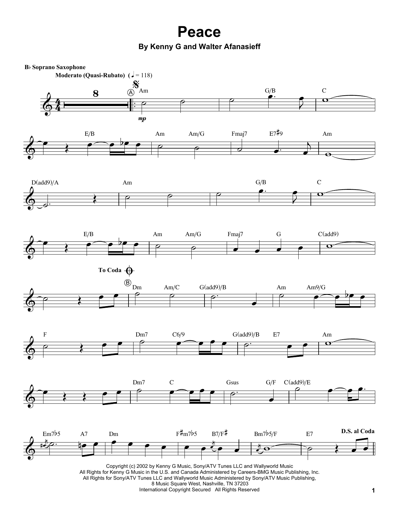 Download Kenny G Peace Sheet Music
