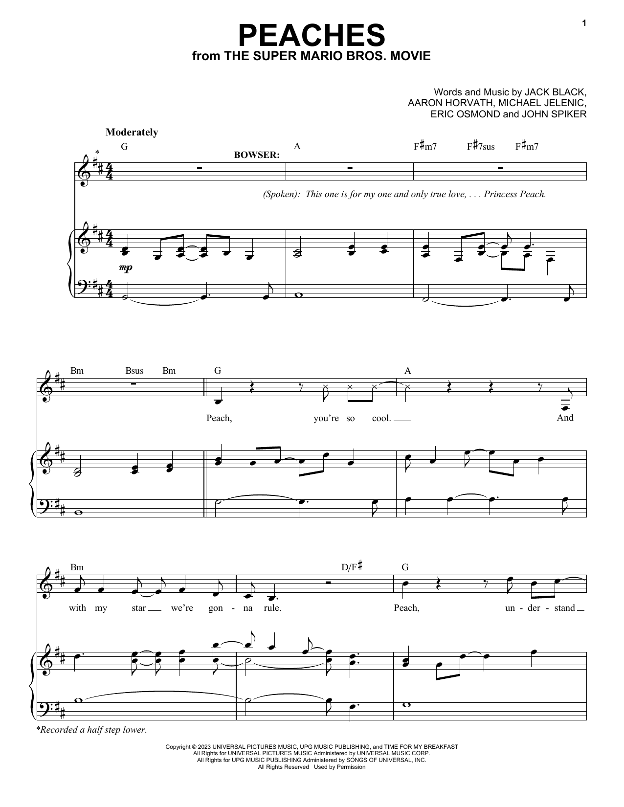 Jack Black Peaches (from The Super Mario Bros. Movie) sheet music notes printable PDF score