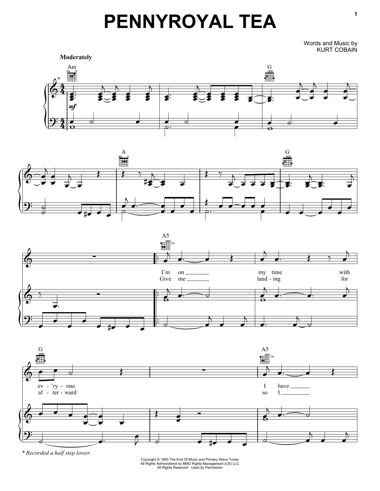 Nirvana Penny Royal Tea sheet music notes printable PDF score