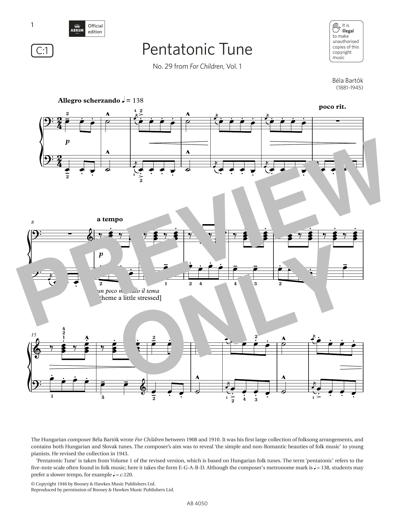Download Béla Bartók Pentatonic Tune (Grade 4, list C1, from Sheet Music