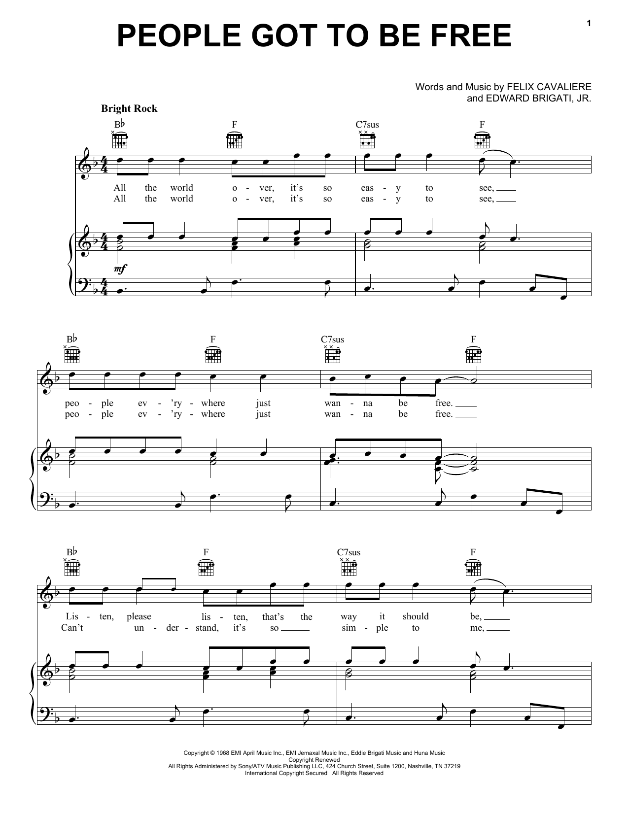 The Rascals People Got To Be Free sheet music notes printable PDF score