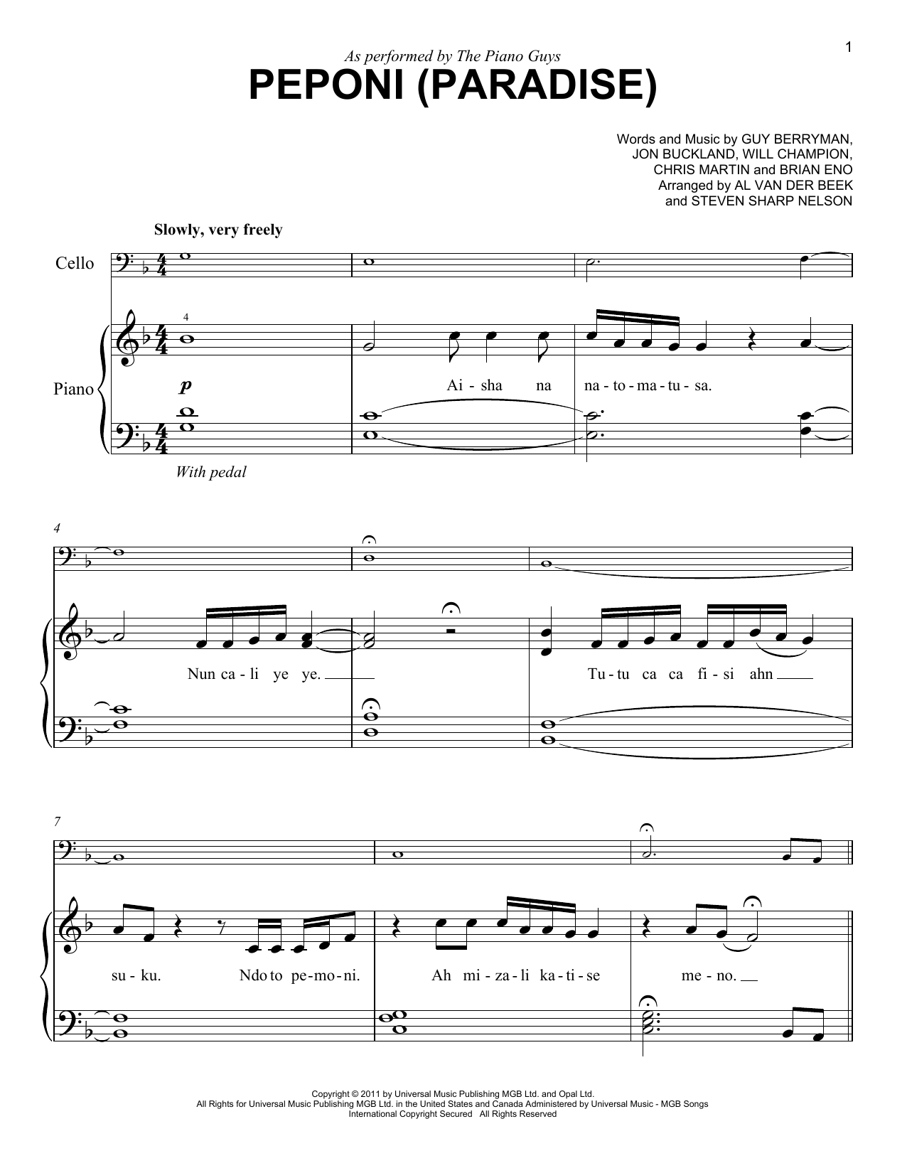 Download The Piano Guys Peponi (Paradise) Sheet Music