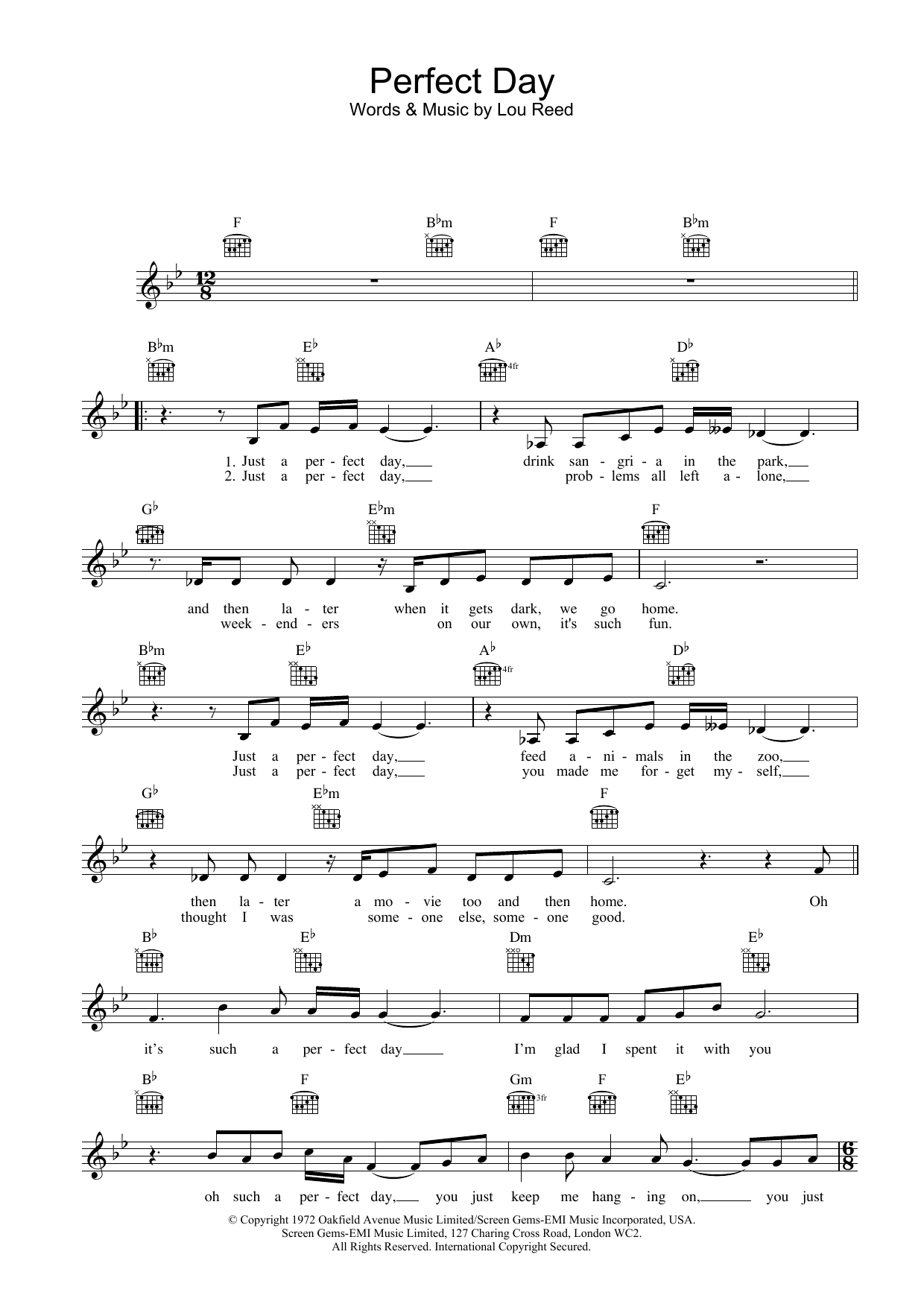 Download Lou Reed Perfect Day Sheet Music