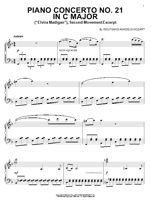 Download Wolfgang Amadeus Mozart Piano Concerto No.21 in C Major (Elvira Sheet Music