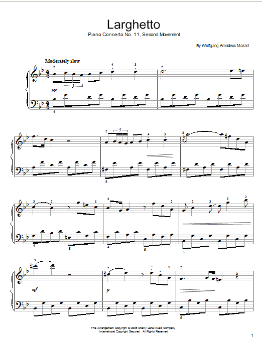 Download Wolfgang Amadeus Mozart Piano Concerto No.11 (2nd Movement) Sheet Music