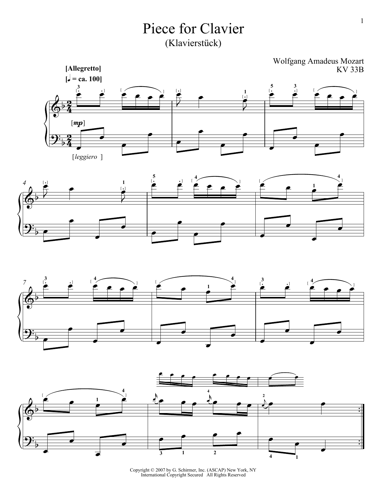 Download Wolfgang Amadeus Mozart Piano Piece (Klavierstuck) Sheet Music