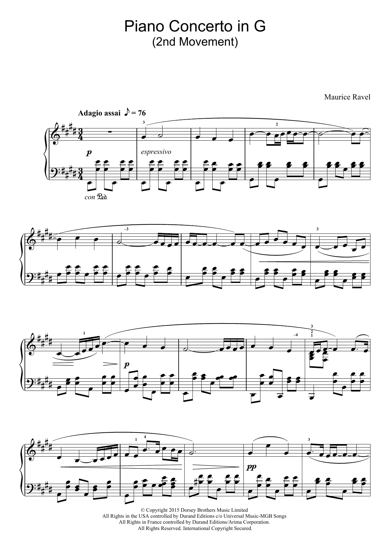 Download Maurice Ravel Piano Concerto In G, 2nd Movement 'Adag Sheet Music